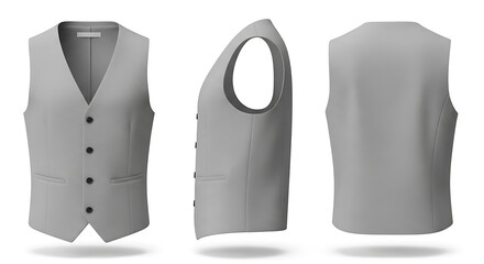Professional Gray Men's Vest Mockup Displaying Front, Side, and Back Views for Apparel Design and Product Presentation