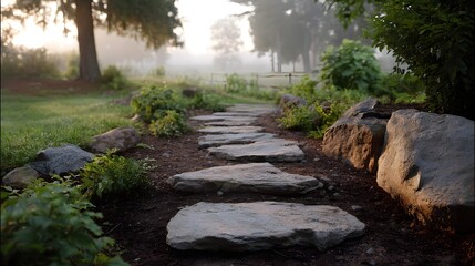 A serene and winding stone pathway invites a journey through a tranquil misty garden landscape bathed in the soft light of early dawn