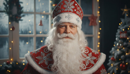 Portrait of Ded Moroz or Santa Claus in traditional red costume with silver embroidery. Russian Grandfather Frost character near Christmas tree. New Year holiday celebration