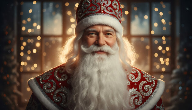 Portrait of regal Santa Claus wearing ornate red hat and coat with silver embroidery. Traditional Christmas character with white beard. Winter holiday background with warm bokeh lights - Powered by Adobe
