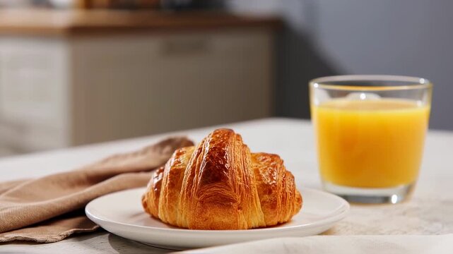 A golden croissant rests on a plate with a glass of orange juice, soft linen, and a blurred kitchen backdrop
