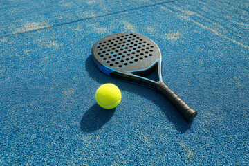 Black perforated padel racket and yellow ball lying on blue artificial turf court