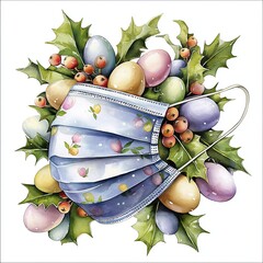 Spring celebration of Easter with a medical mask adorned with holly berries and pastel eggs in a vibrant display of seasonal cheer