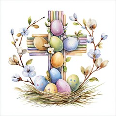 Easter cross crafted from candy sticks and willow branches adorned with colorful painted eggs for a festive holiday celebration