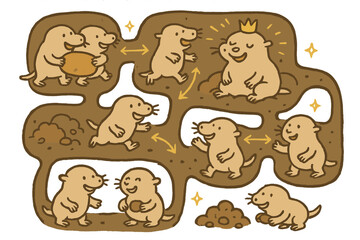 Mole-Rat Teamwork. Adorable doodle colony teamwork illustration with cheerful mole-rats, cartoon tunnels and chambers, smiling