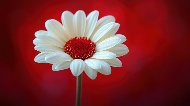 A pristine white daisy with delicate red stamens is dramatically highlighted against a bold red backdrop, creating a powerful visual contrast. Dewdrops enhance the fresh and vibrant appearance. - Powered by Adobe