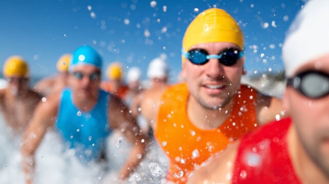 Group of athletes running through water splash during a triathlon, capturing speed, energy, and dynamic outdoor action