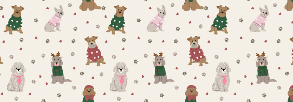 Seamless pattern wth dogs, paws, hearts Simple style dog portrait Funny cute dog in costume Pet postcard Vector