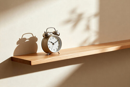 Alarm clock on a wooden shelf with shadow of leaves on the wall in soft morning sunlight indoors