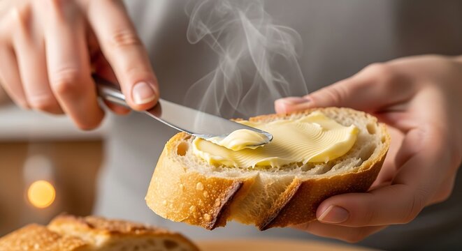 Application of creamy butter on artisanal bread for a simple breakfast