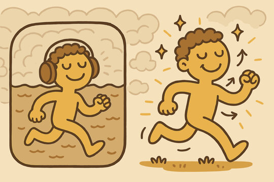 Joyful Sensory Exploration. Cheerful doodle sensory deprivation illustration with happy runners, cartoon muffled environment,