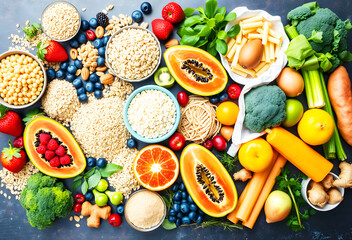 abundant variety of superfoods and healthy ingredients flat lay, top view