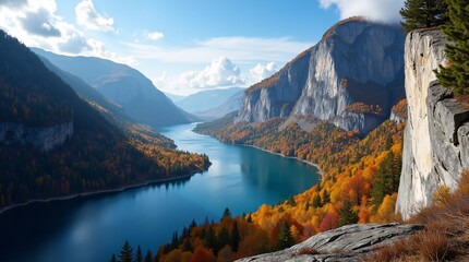 A scenic lake winds through a valley with autumn-colored forests, rocky cliffs, and mountains under a blue sky with clouds.
