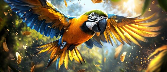 Vibrant macaw in flight tropical rainforest wildlife photography lush environment aerial view nature's beauty
