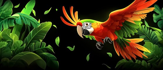 Vibrant macaw soaring through lush jungle artistic illustration nature scene colorful viewpoint wildlife concept
