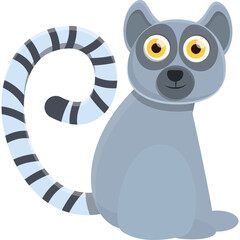 Gray Ring Tailed Lemur Sitting Sideways With Big Yellow Eyes And Black Accents On Tail Against A Transparent Background Simple Flat Design Cute Animal Illustration