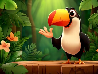 Playful toucan in lush jungle animated character nature scene vibrant colors whimsical viewpoint