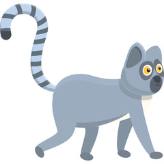 Cute Gray Lemur Animal with Ringed Tail and Yellow Eyes Walking with Transparent Background