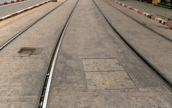 Tram tracks in the city center of Oran. Algeria
