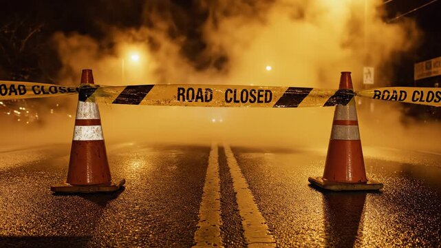 Nighttime Road Closure with Traffic Cones and Smoke Emissions Creating an
