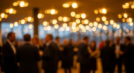 Fototapeta premium Blurred event with people and lights in a room for a business meeting or social gathering scene