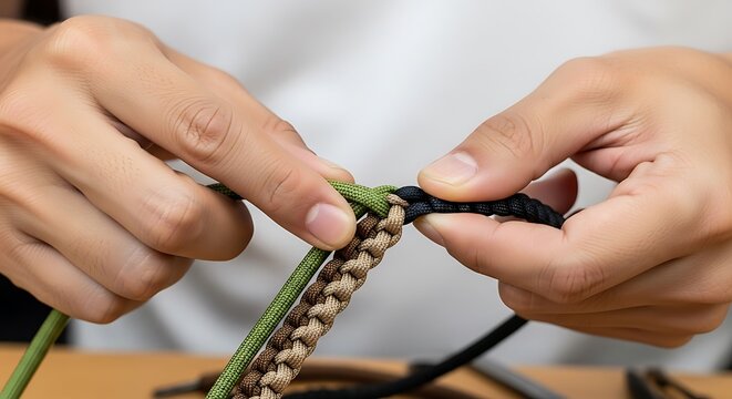 Detailed shot of hands weaving colored paracord into an elaborate braid