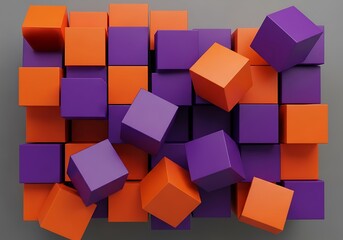 Dynamic arrangement of orange and purple cubes creating a modern pattern