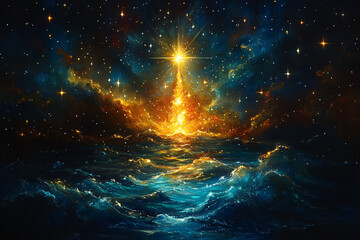 Festive Christmas Scene with Shining Star, Snow, and Illuminated Pine Cones