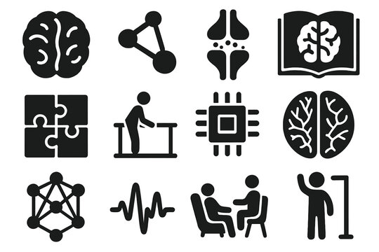 Cognitive Flexibility Icons. Solid style icons of Cognitive Flexibility: brain, neural connection, synapse, learning book, puzzle,
