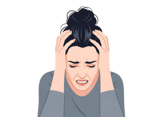 Woman holding head in distress isolated on transparent background