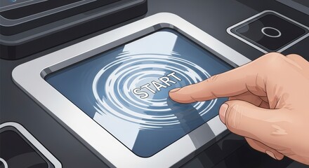 Finger pressing a digital START button initiating action on a modern control panel system