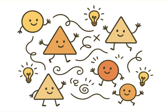 Playful Fallacy Doodles. Cute doodle fallacy chart with smiling triangles and circles, cartoon symbols representing errors waving,
