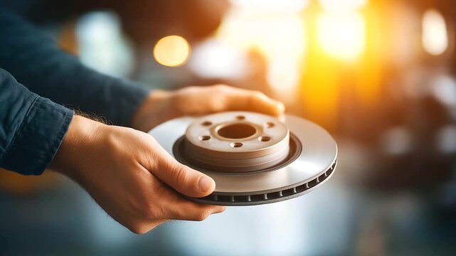 Close-up car disk brake pad defocused replacement service, faceless mechanic hand, maintenance visualization detail, blurred garage background, disc service concept, repair interfa