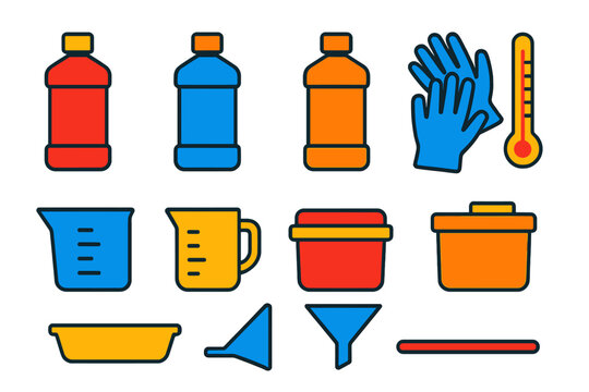 Vibrant Photo Chemistry Icons. Flat vector icons of Photo Development Chemicals: developer bottle, fixer bottle, stop bath,