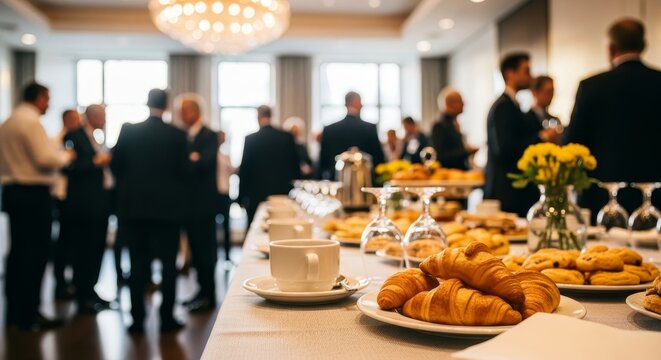 Business event with food and drinks for attendees in a bright conference room setting indoors today
