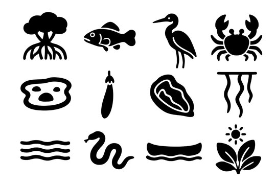 Tropical Mangrove Icons. Solid style icons of Tropical mangroves: tangled roots, mudskipper fish, heron bird, mangrove crab, tidal