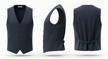 Professional Men's Dark Vest Mockup for Tailored Apparel Presentation - Photorealistic Front, Side, and Back Views of a Classic Waistcoat