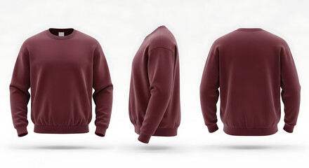 Versatile Maroon Crewneck Sweatshirt Mockup Presenting Front, Side, and Rear Views for Apparel Branding and Customization Projects