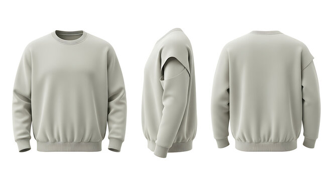 Clean and versatile blank unisex crewneck sweatshirt mockup, presented from front, side, and back views, perfect for fashion apparel design and branding visualization