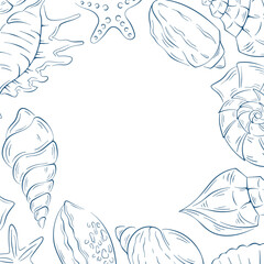 Line art style sea shell frame. Ocean, marine, beach concept. Illustration for greeting card, banner, poster, invitation.