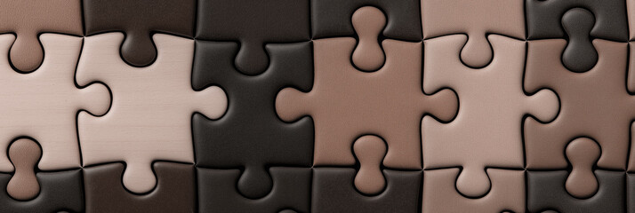 Puzzle pieces in various shades of brown, interlocking details, top view
