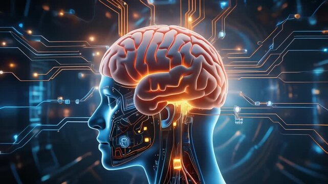 A futuristic digital representation of a human brain with glowing circuits and neural pathways, symbolizing artificial intelligence and advanced technology.