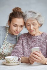 Young girl helping grandmother write message on smartphone, close view, attention, technology