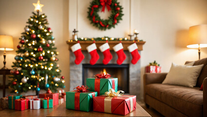 A room decorated with New Year's decorations and a decorated Christmas tree