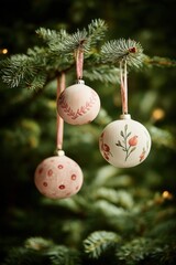 Three handmade Christmas ornament with unique pattern hanging on green pine tree branch. Rustic festive decoration for holiday season