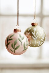 Two Christmas ornament with hand-painted botanical design hanging. One pink with green leaves, one gold with white leaves, holiday decoration