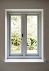 Fototapeta premium Serene view of natural garden through elegant gray framed double window