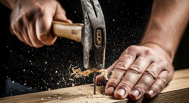 Close-up of hammering a nail into wood displaying carpentry skills and building techniques  for woodworking