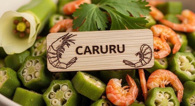 Caruru with Okra Slices &ndash; Sacred Brazilian Stew, Coconut Palm Wood Sign & Okra Flower Motifs, Traditional Lighting Food Photography