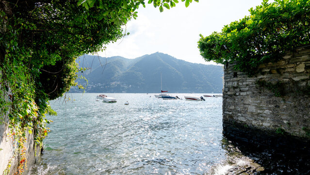 Scenic view of boats on Lake Como near Cernobbio
